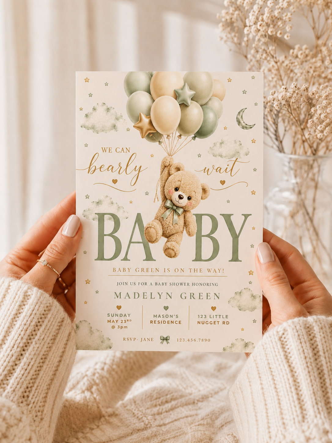 Sage Green Teddy Bear Baby Shower Invitation