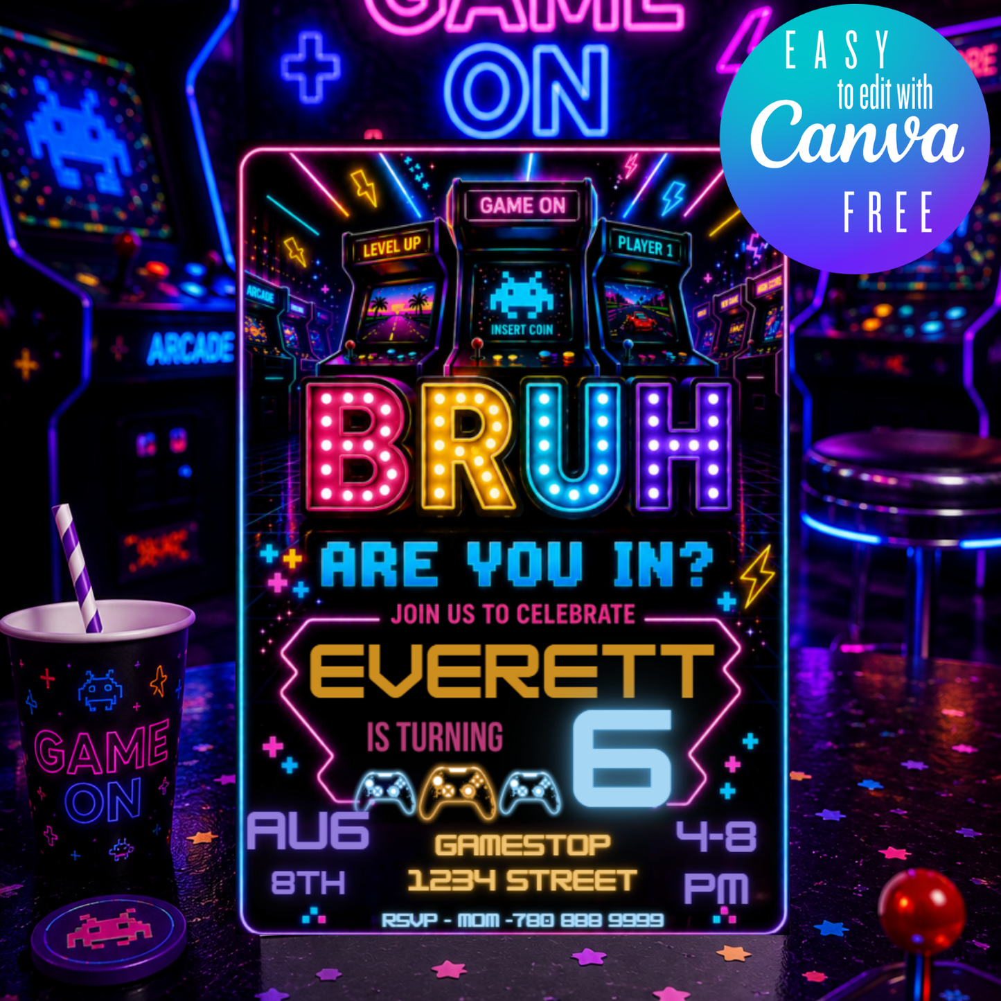 Neon Arcade Party Invite
