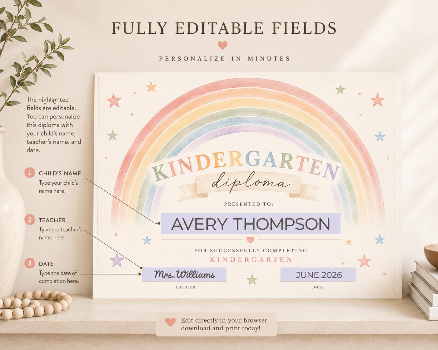 Editable Kindergarten Rainbow Diploma preview 6