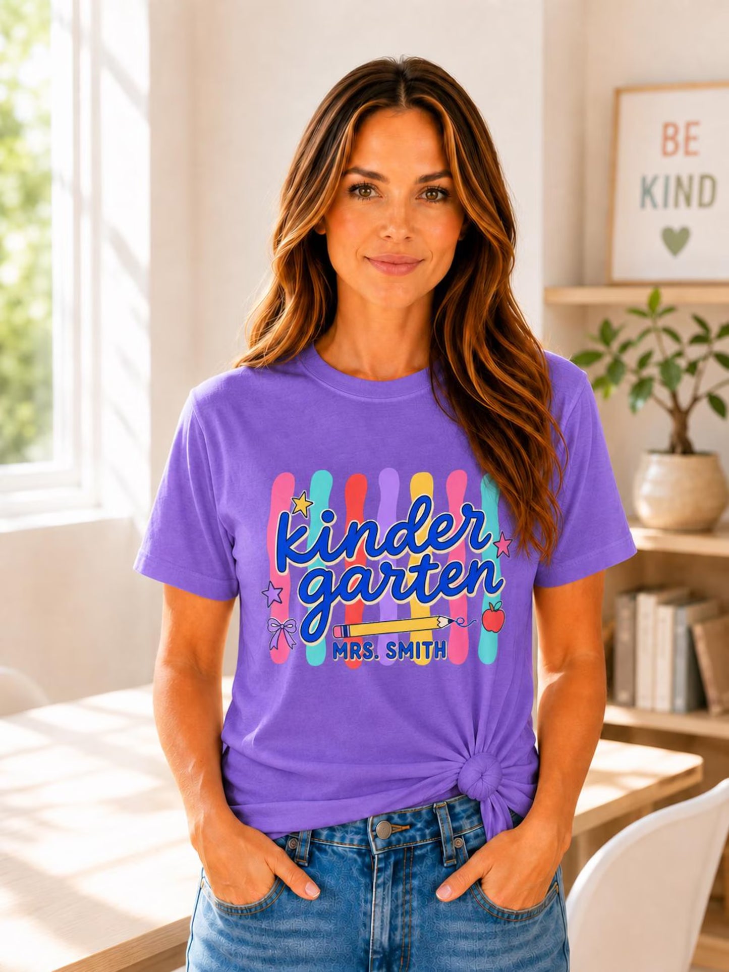 Personalized Kindergarten Teacher Shirt, Custom Teacher Name Comfort Colors 1717 Tee, Back to School Outfit, Teacher Gift