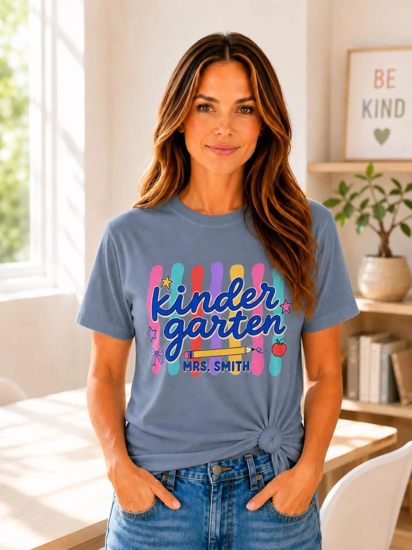 Personalized Kindergarten Teacher Shirt, Custom Teacher Name Comfort Colors 1717 Tee, Back to School Outfit, Teacher Gift