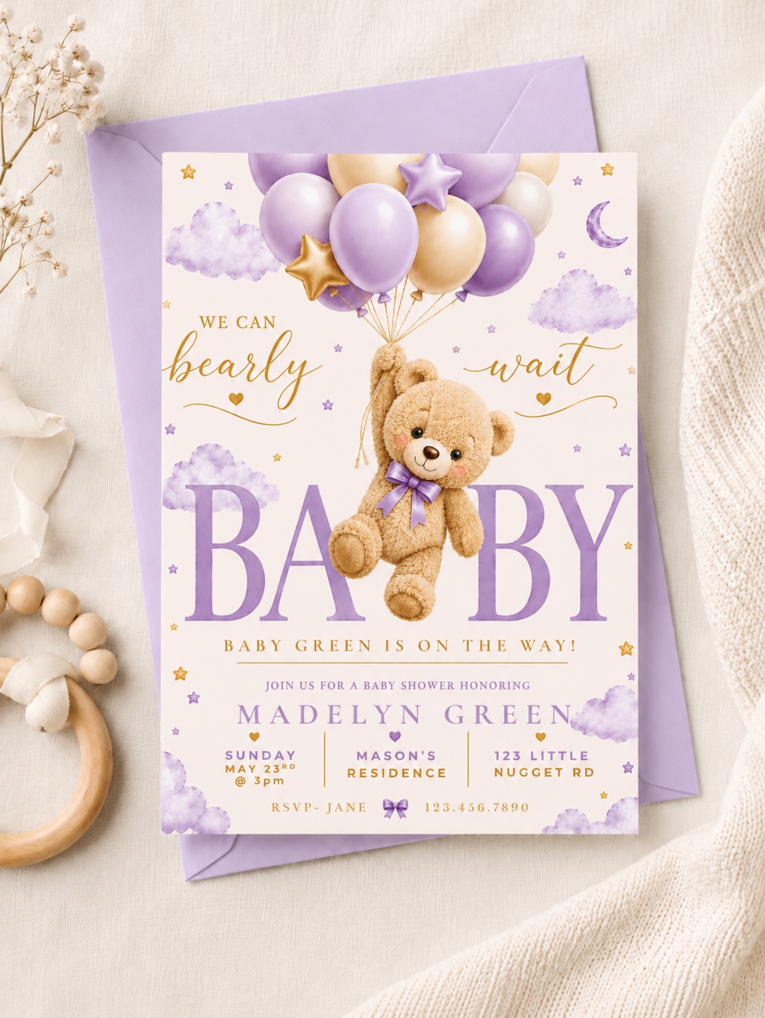 Lavender Teddy Bear Baby Shower Invitation