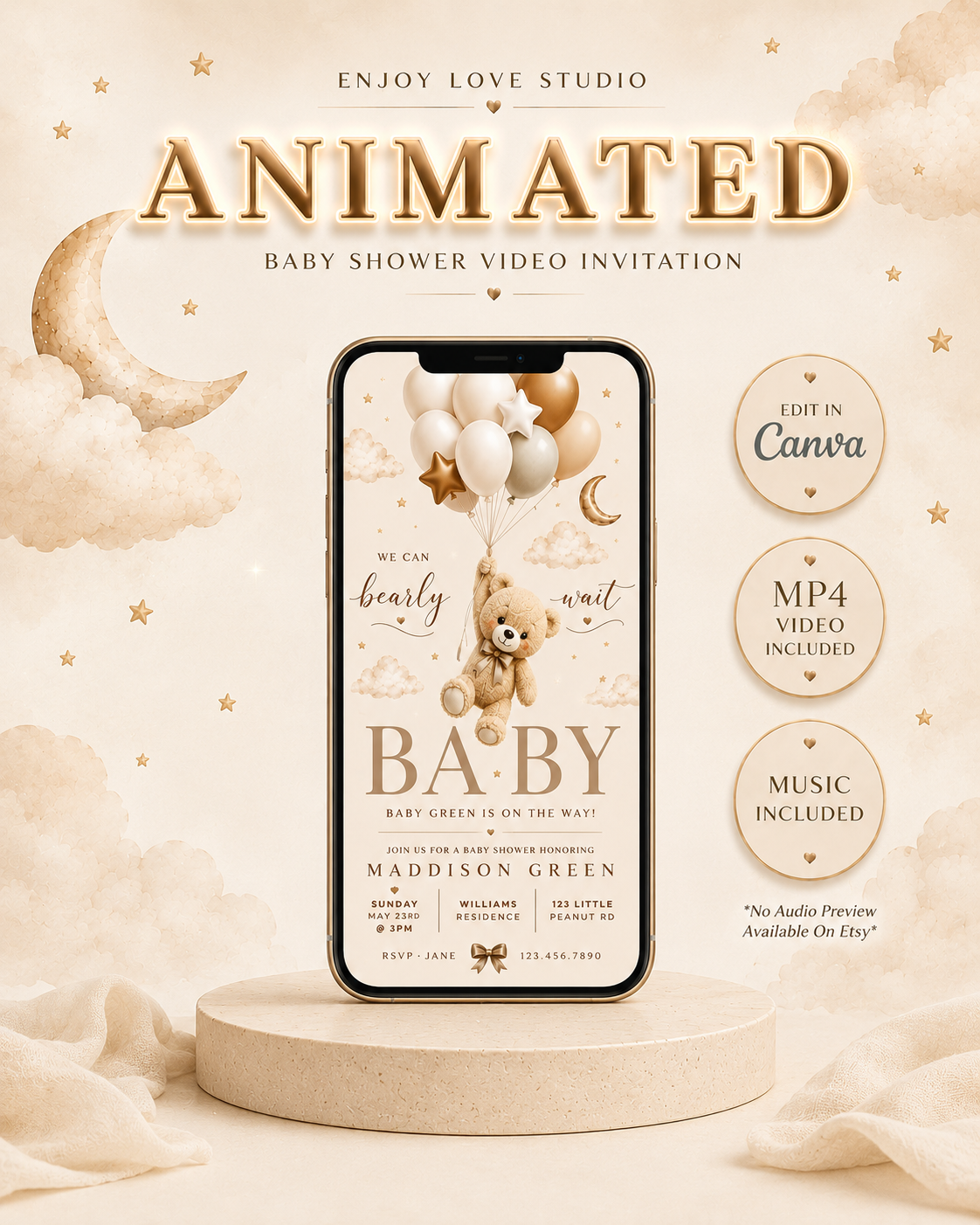 Animated Bear Baby Boho Shower Invitation Video