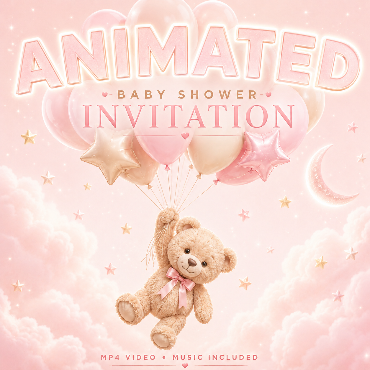 Animated Bear Baby Pibk  Shower Invitation Video