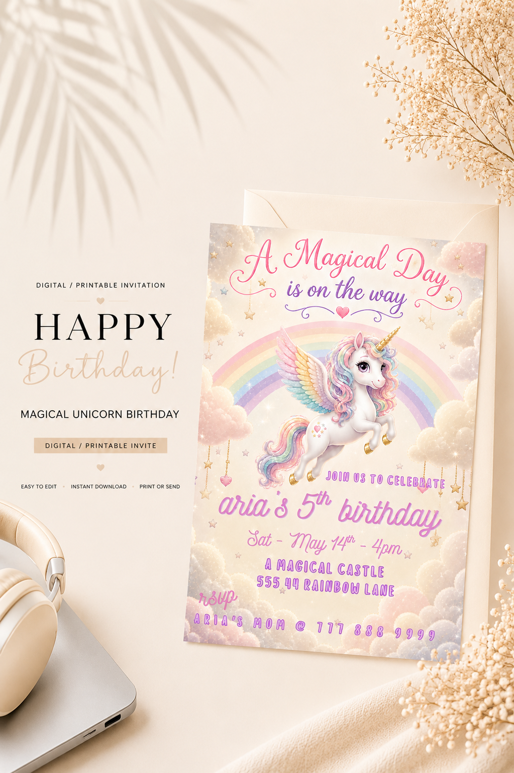 Magical Unicorn Boho Birthday Invitation