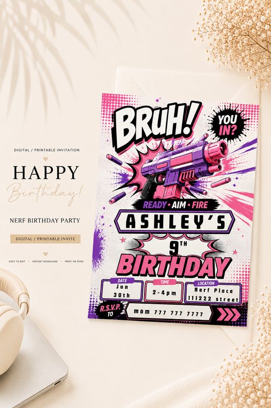 Girls Nerf Birthday Invitation