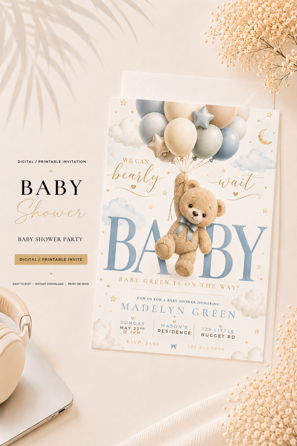 Blue Teddy Bear Baby Shower Invitation