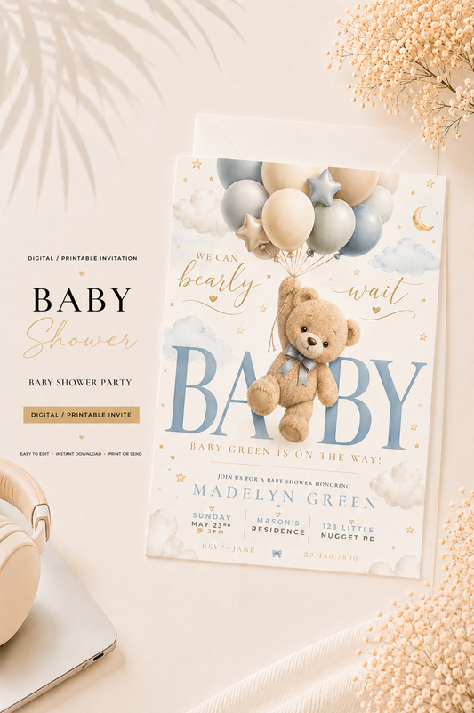 Blue Teddy Bear Baby Shower Invitation