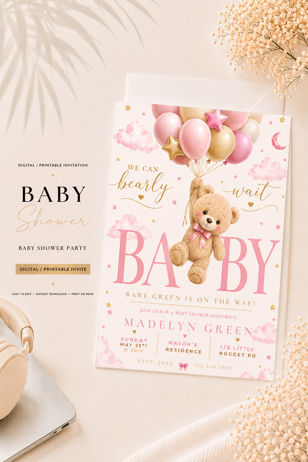 Pink Teddy Bear Baby Shower Invitation