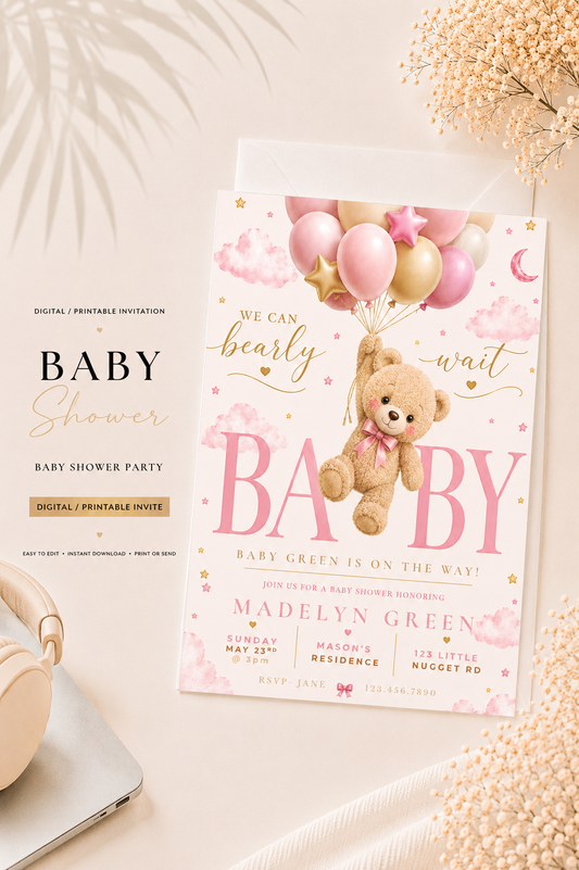 Pink Teddy Bear Baby Shower Invitation