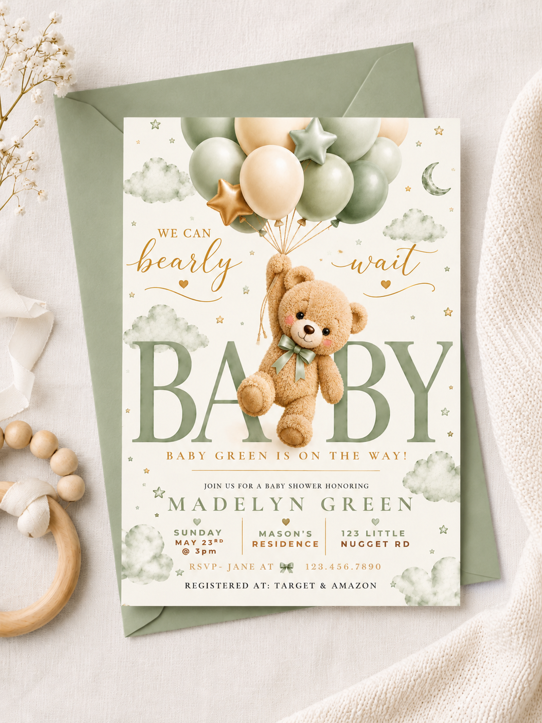 Sage Green Teddy Bear Baby Shower Invitation