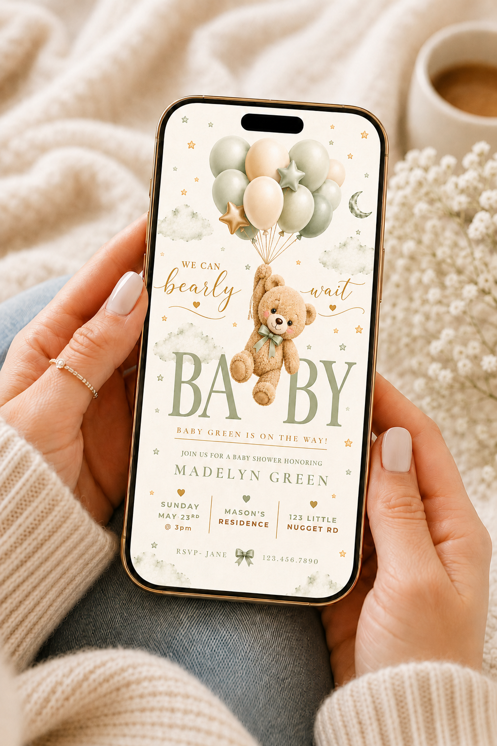 Sage Green Teddy Bear Baby Shower Invitation
