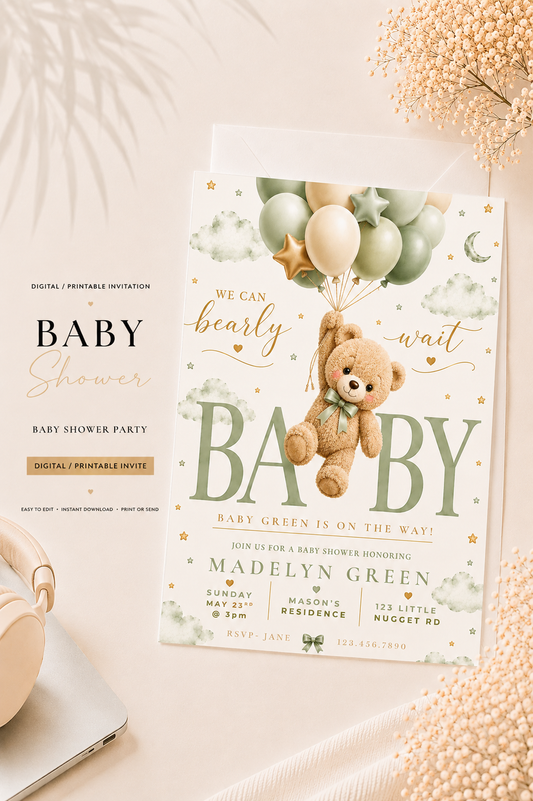 Sage Green Teddy Bear Baby Shower Invitation