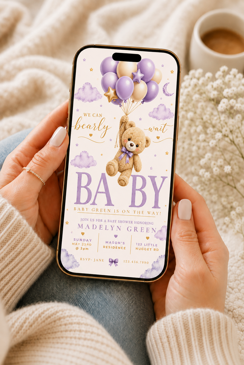 Lavender Teddy Bear Baby Shower Invitation