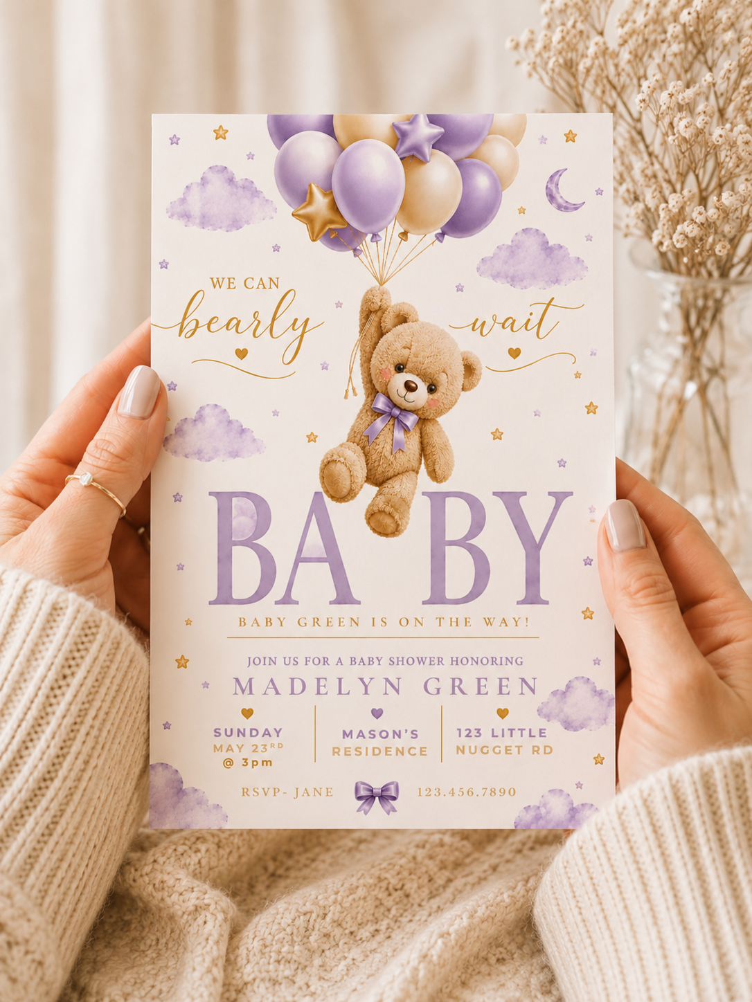 Lavender Teddy Bear Baby Shower Invitation