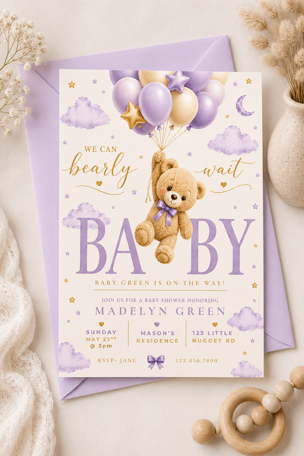 Lavender Teddy Bear Baby Shower Invitation