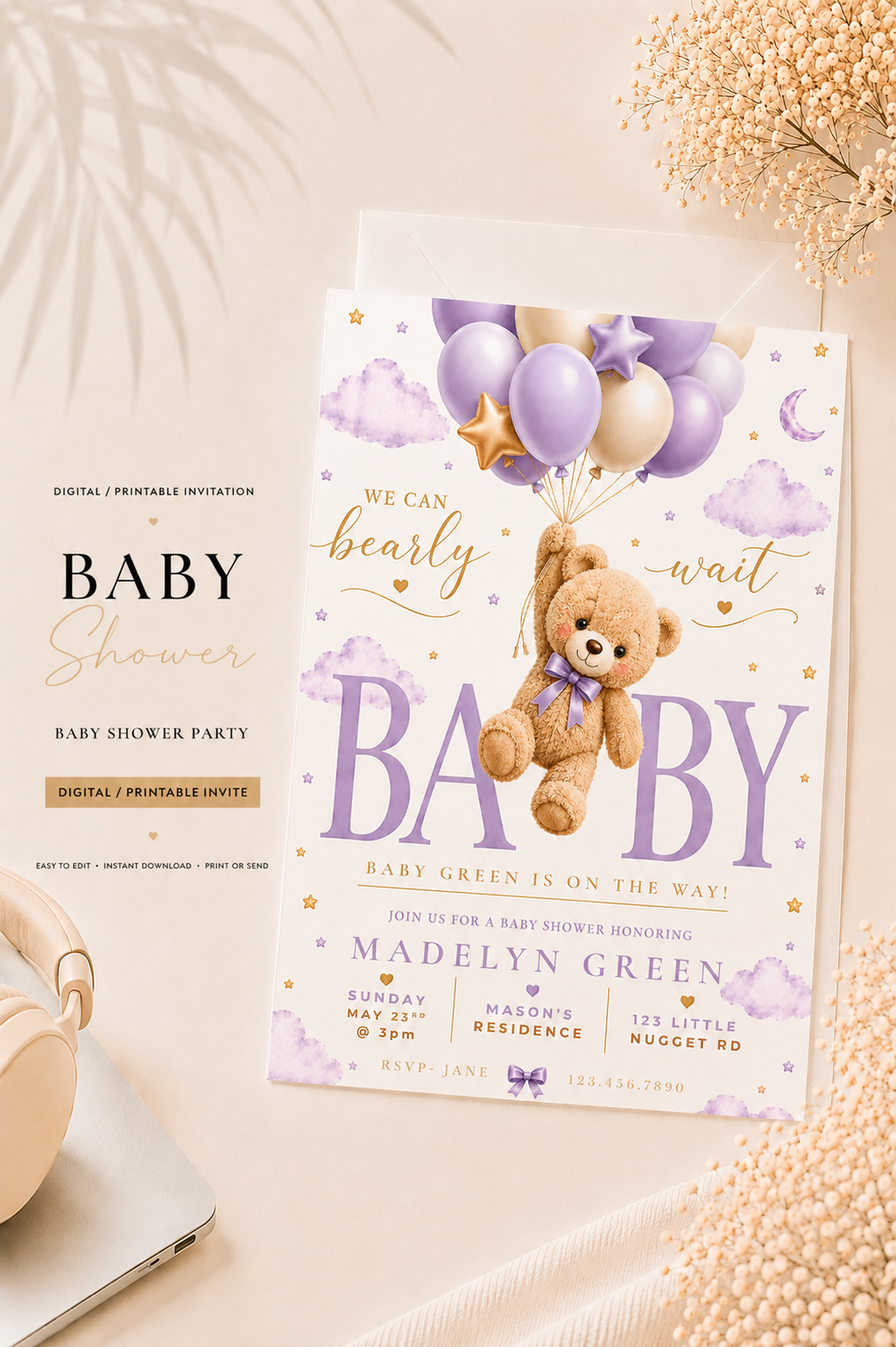 Lavender Teddy Bear Baby Shower Invitation