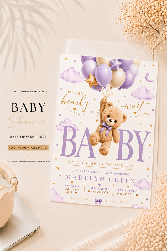 Lavender Teddy Bear Baby Shower Invitation