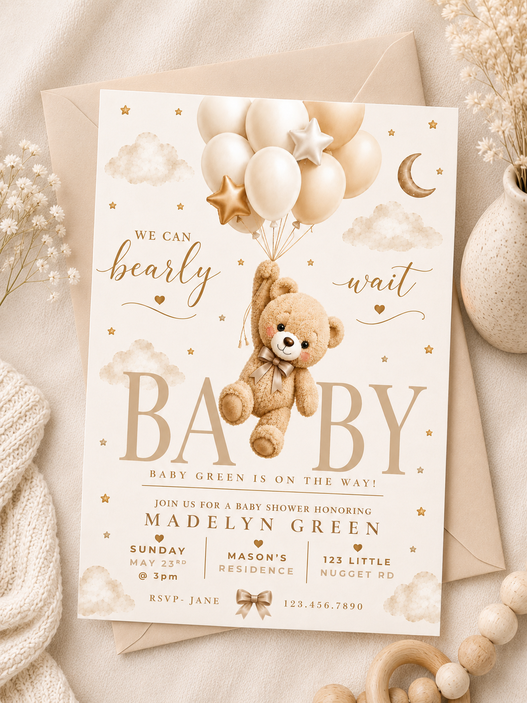 Boho Teddy Bear Baby Shower Invitation