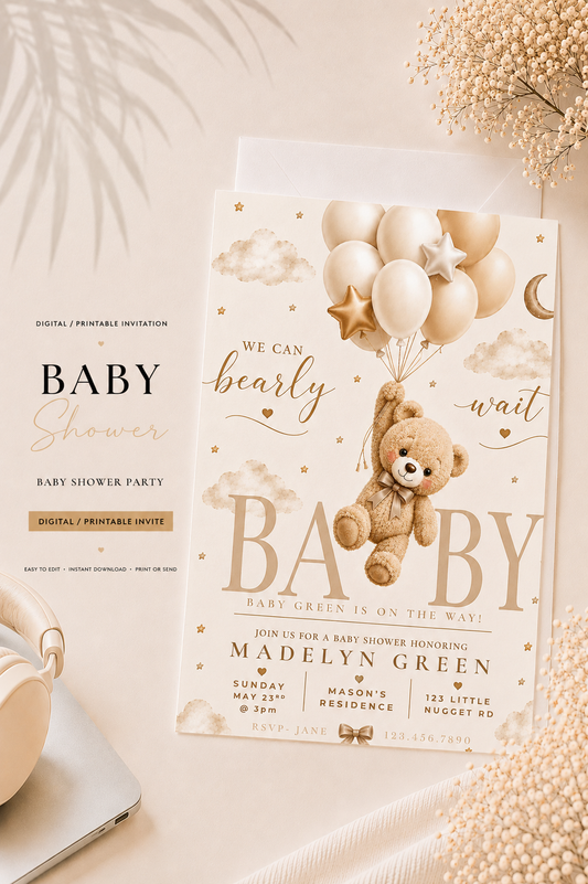 Boho Teddy Bear Baby Shower Invitation