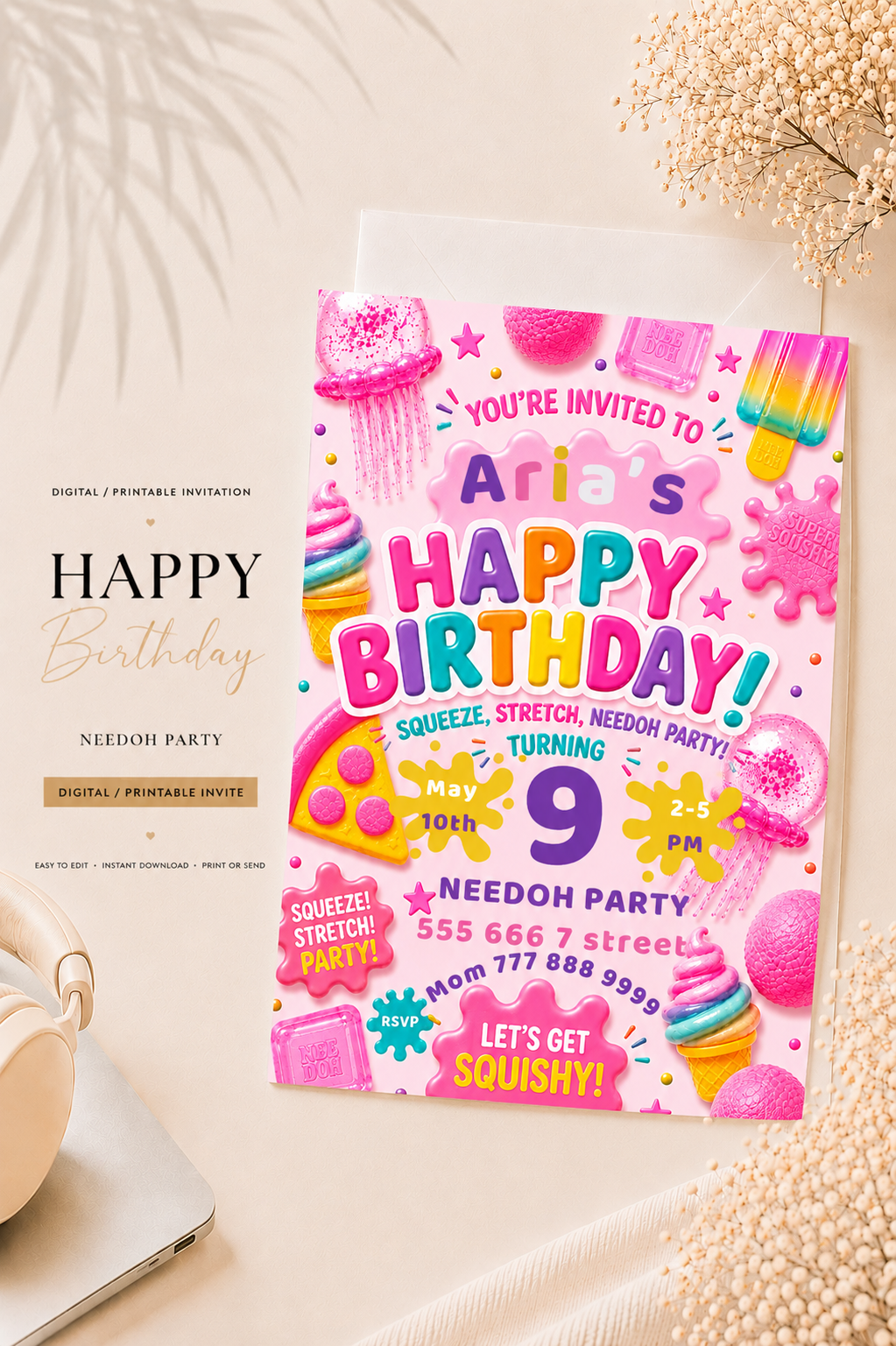 Needoh Pink Birthday Invitation