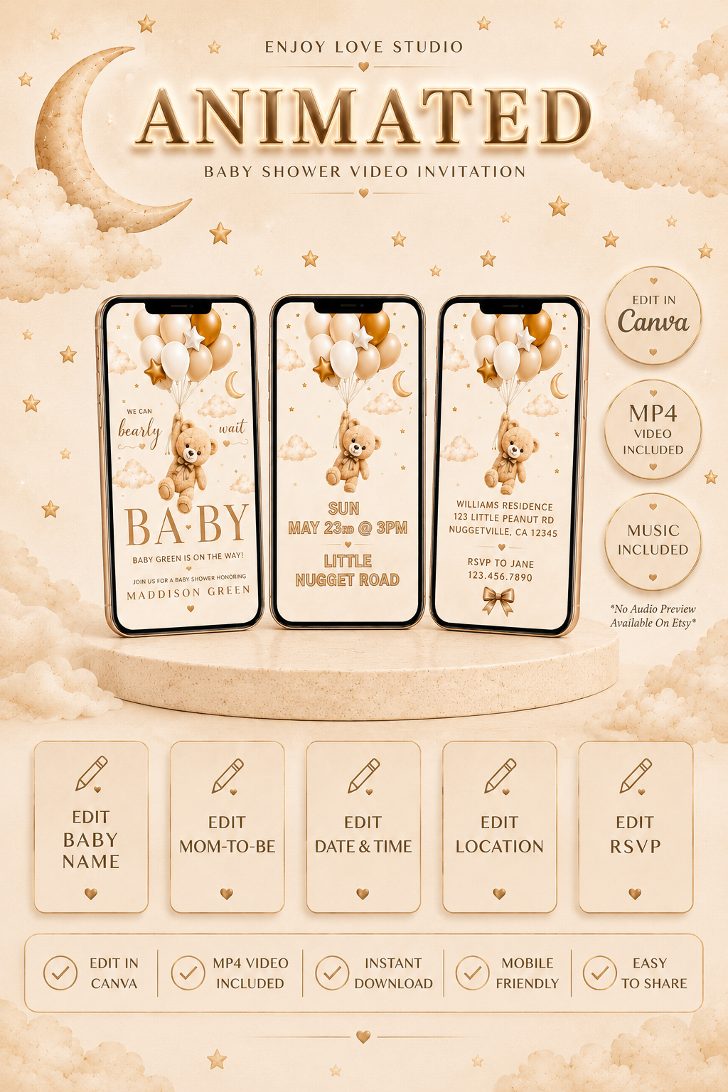 Animated Bear Baby Boho Shower Invitation Video