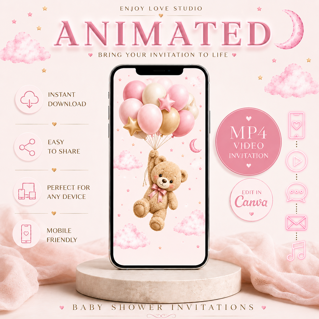 Animated Bear Baby Pibk  Shower Invitation Video