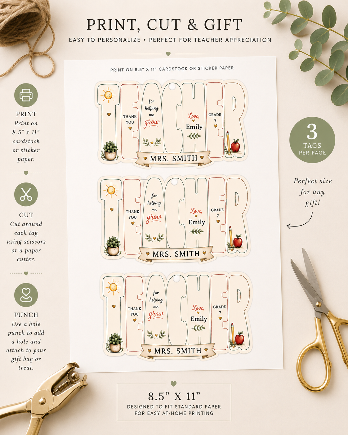 Teacher Thank You Tag | Printable Teacher Appreciation Gift Tag |