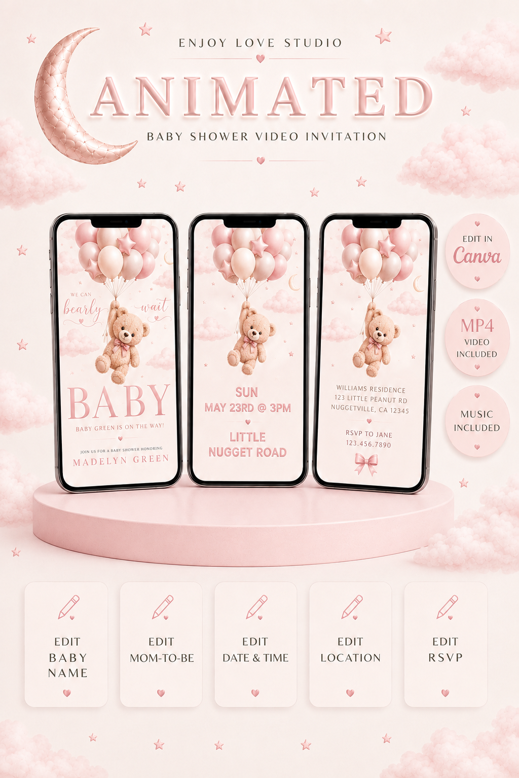 Animated Bear Baby Pibk  Shower Invitation Video