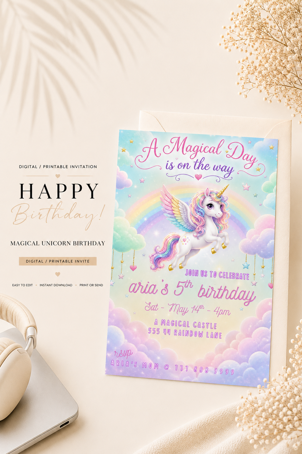 Mint Unicorn Birthday Invitation