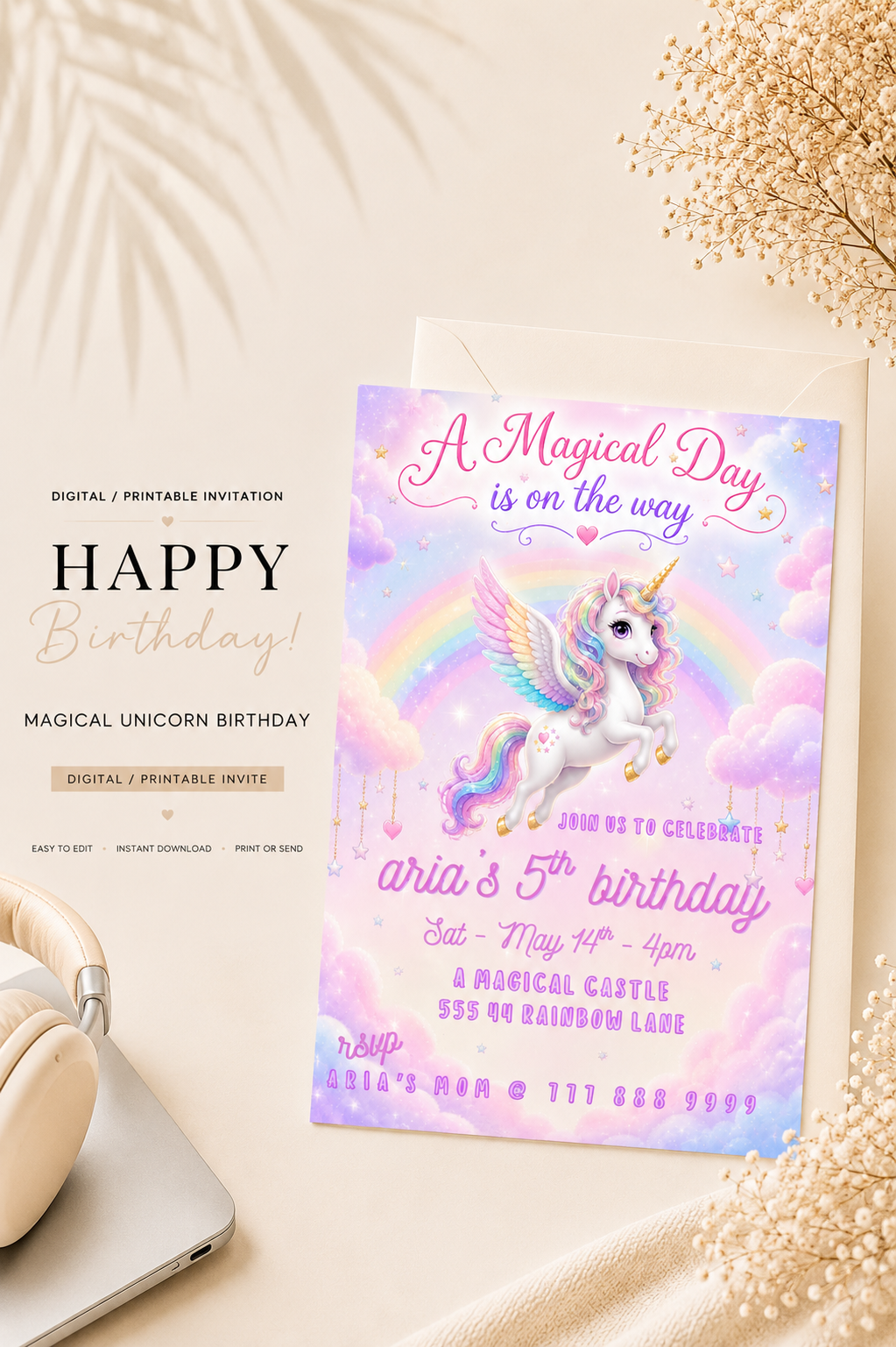 Rainbow Unicorn Birthday Invitation