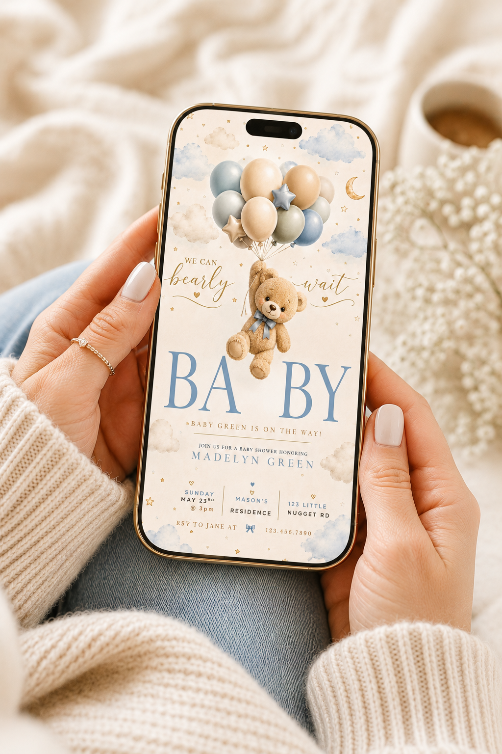 Blue Teddy Bear Baby Shower Invitation