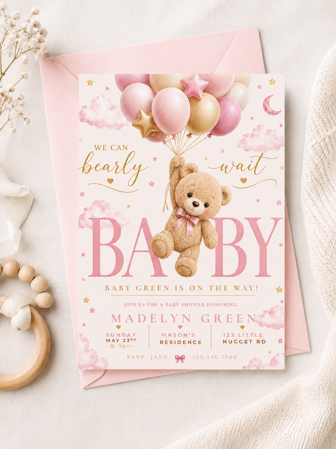 Pink Teddy Bear Baby Shower Invitation