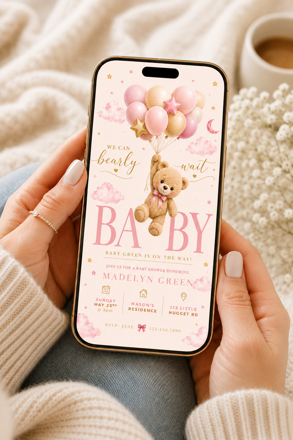 Pink Teddy Bear Baby Shower Invitation