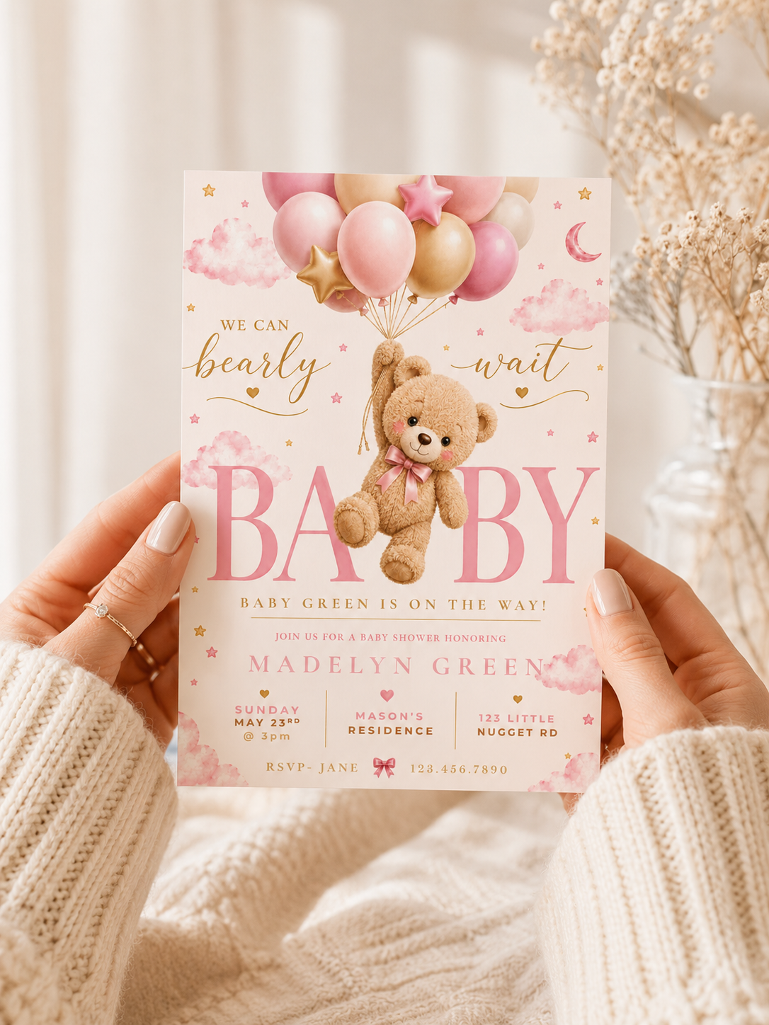 Pink Teddy Bear Baby Shower Invitation