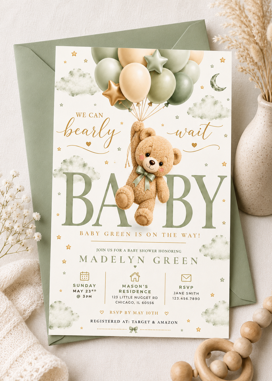 Sage Green Teddy Bear Baby Shower Invitation