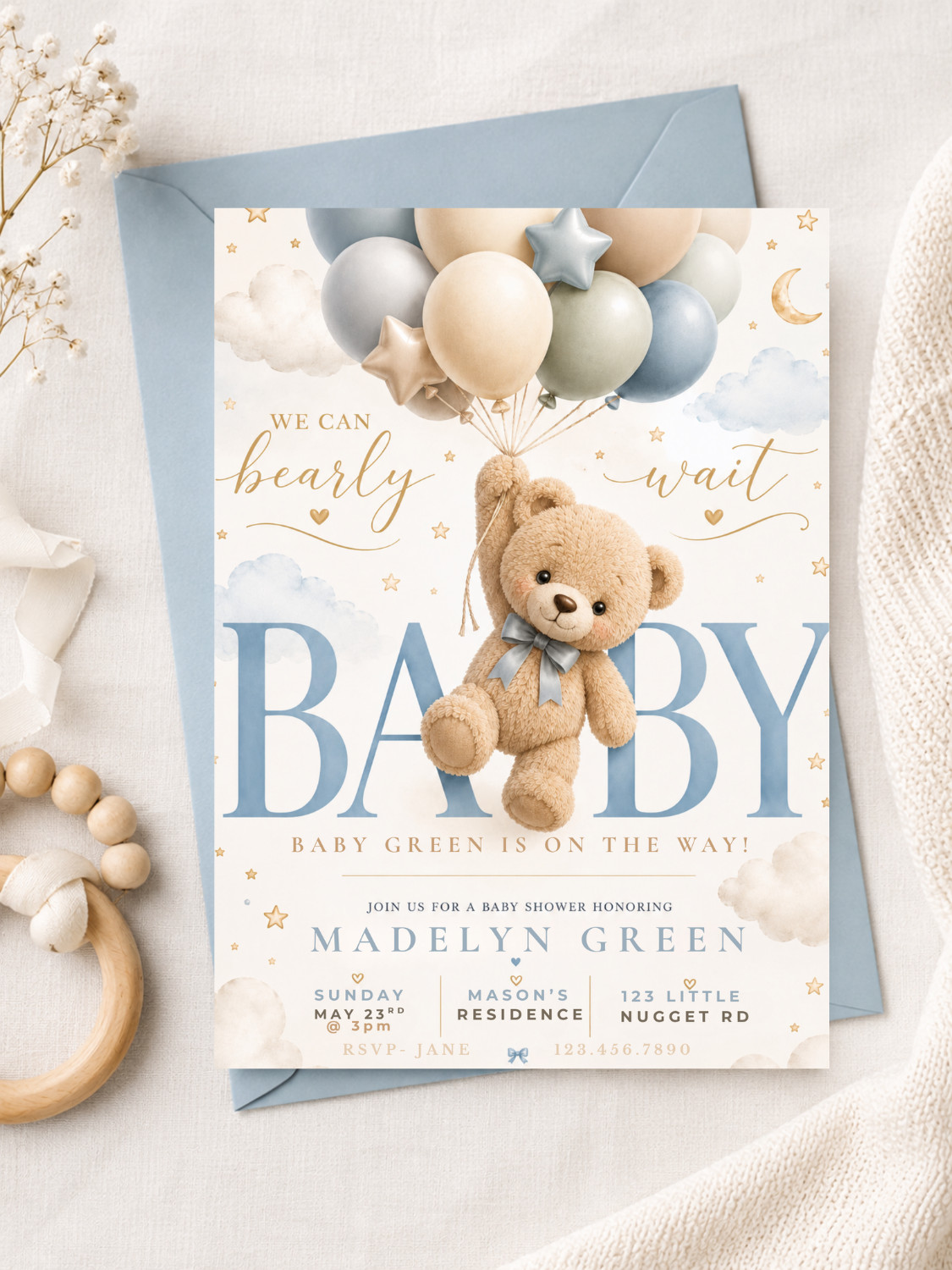 Blue Teddy Bear Baby Shower Invitation