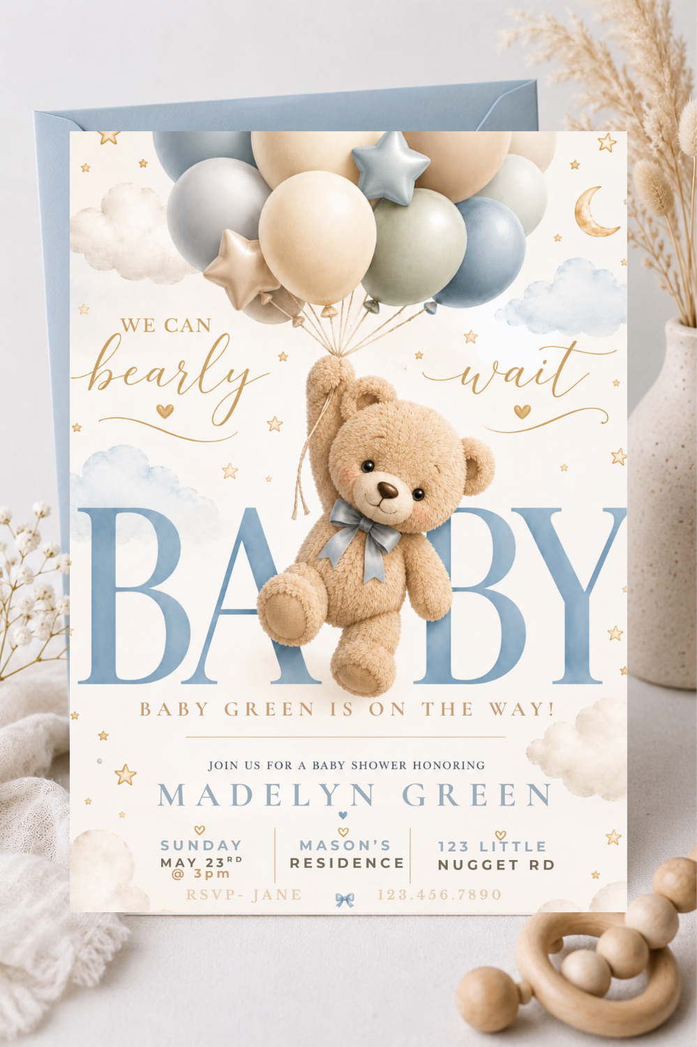 Blue Teddy Bear Baby Shower Invitation