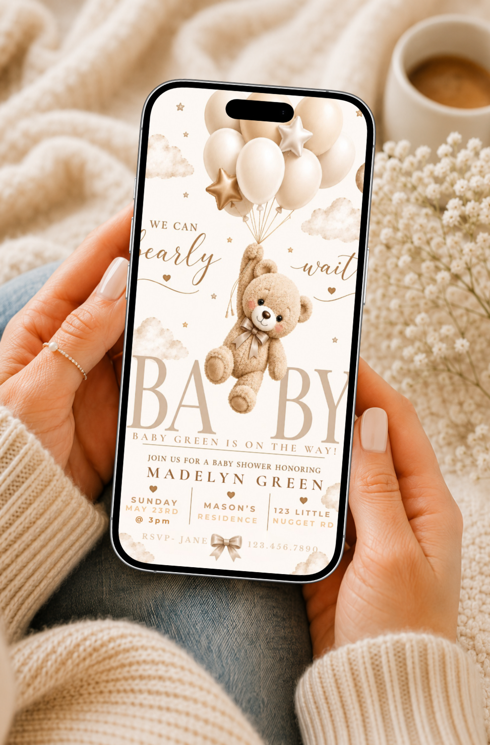 Boho Teddy Bear Baby Shower Invitation
