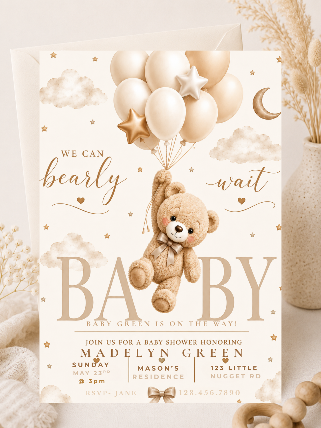Boho Teddy Bear Baby Shower Invitation