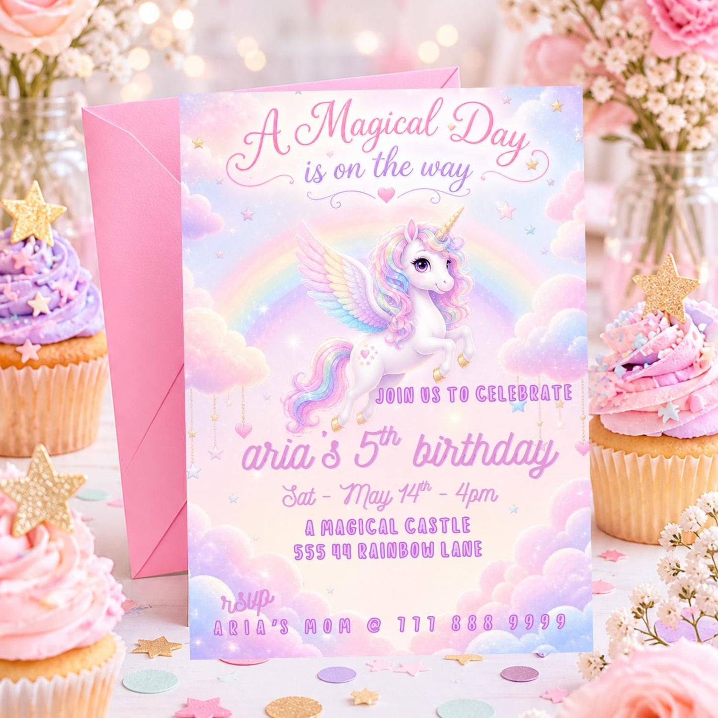 Editable Rainbow Unicorn Birthday Invitation preview 4