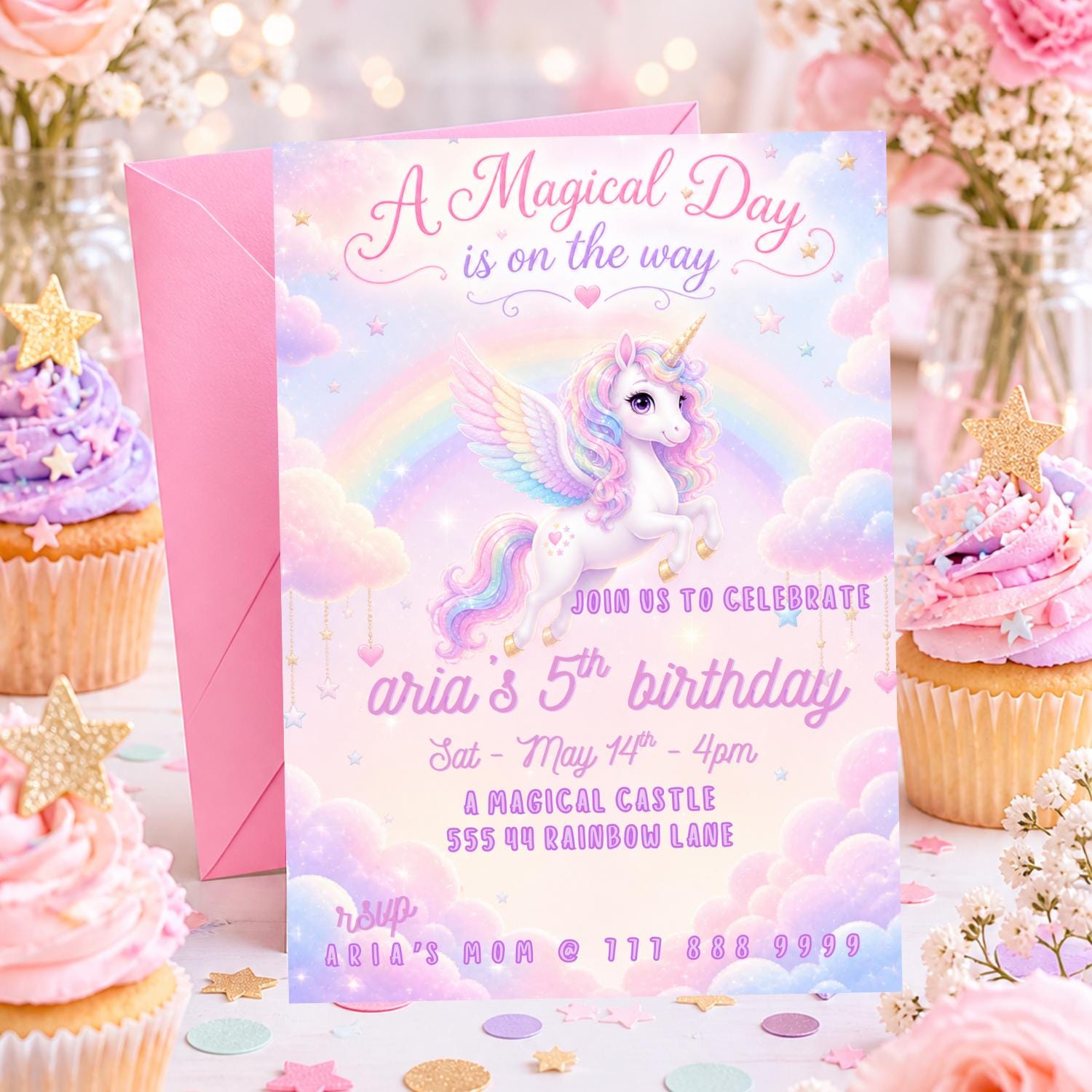 Editable Rainbow Unicorn Birthday Invitation preview 4