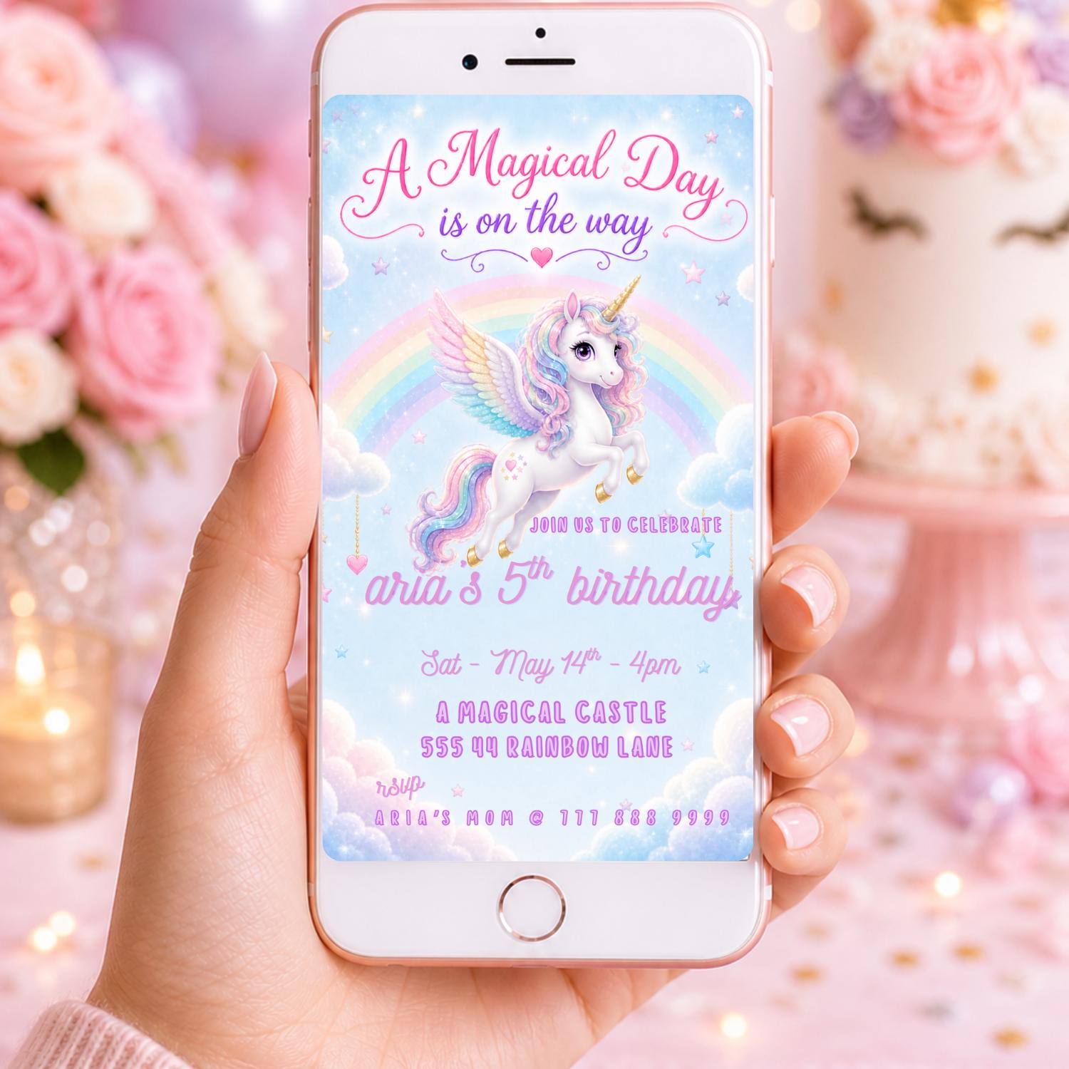 Editable Blue Unicorn Birthday Invitation preview 6