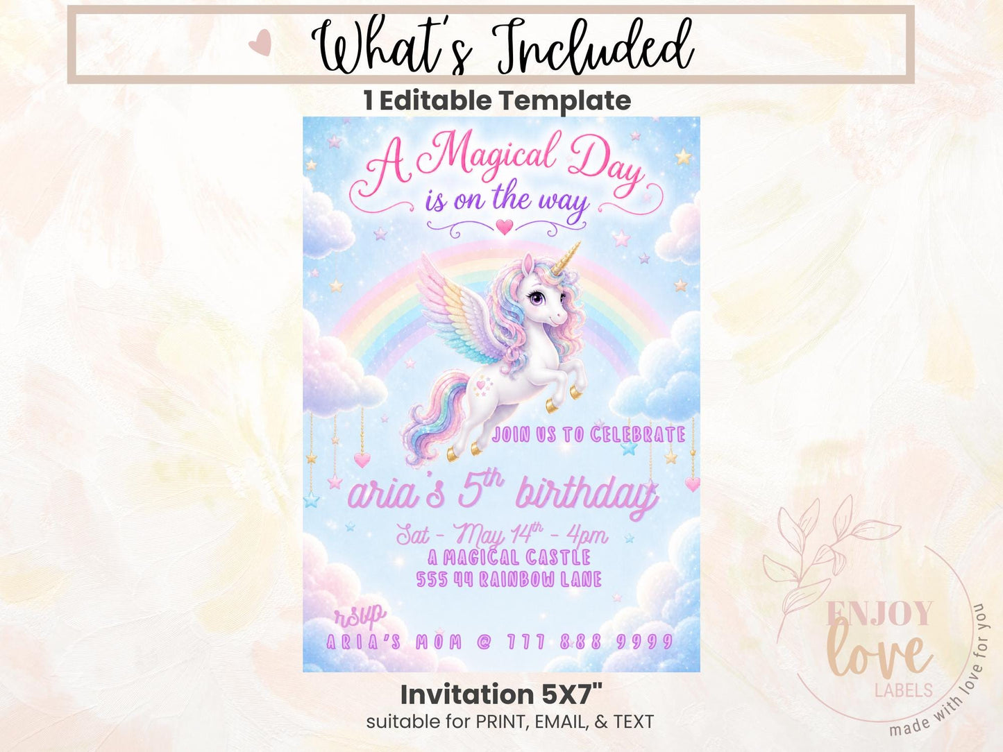 Editable Blue Unicorn Birthday Invitation preview 9