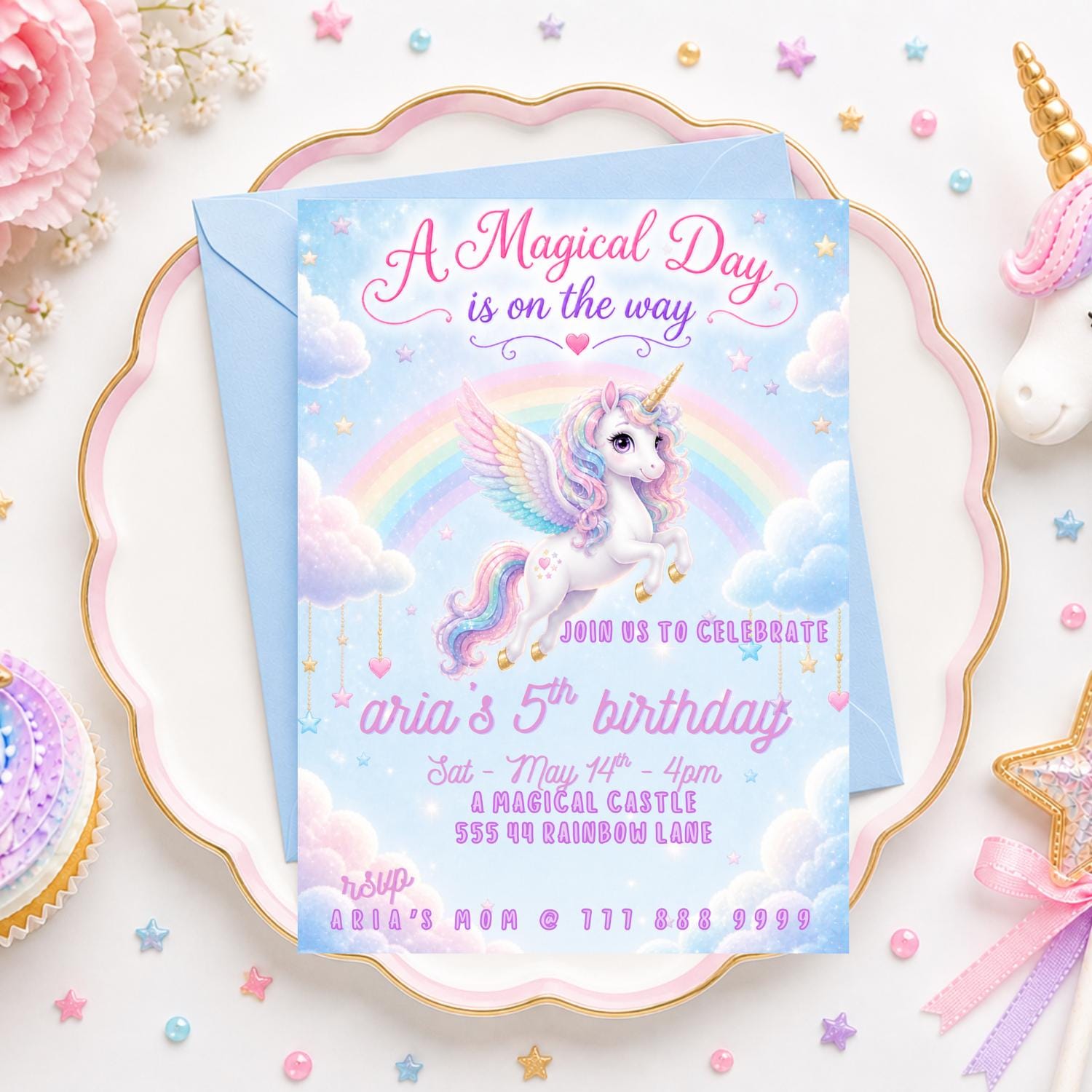 Editable Blue Unicorn Birthday Invitation preview 4