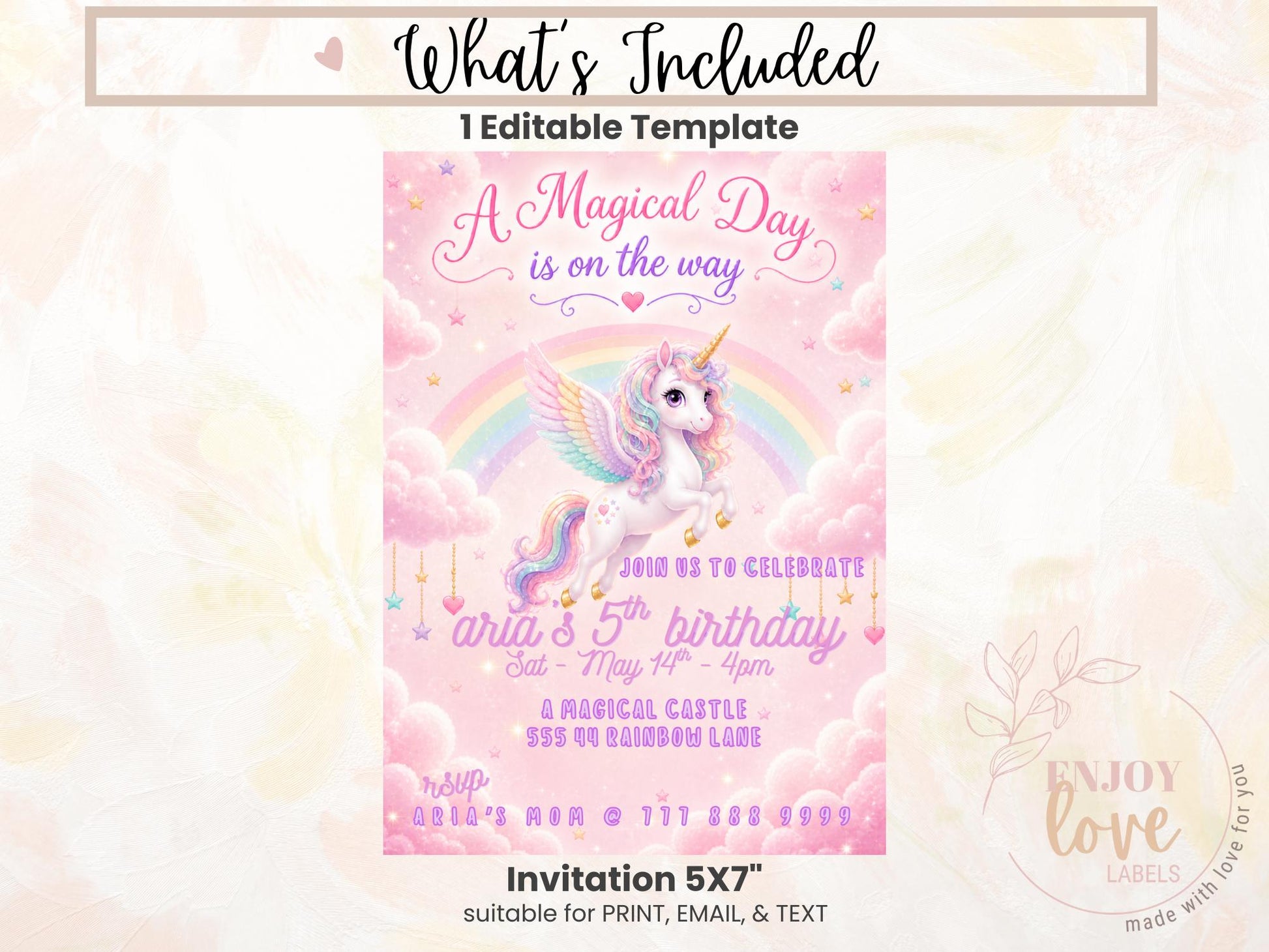 Editable Pink Unicorn Birthday Invitation preview 8