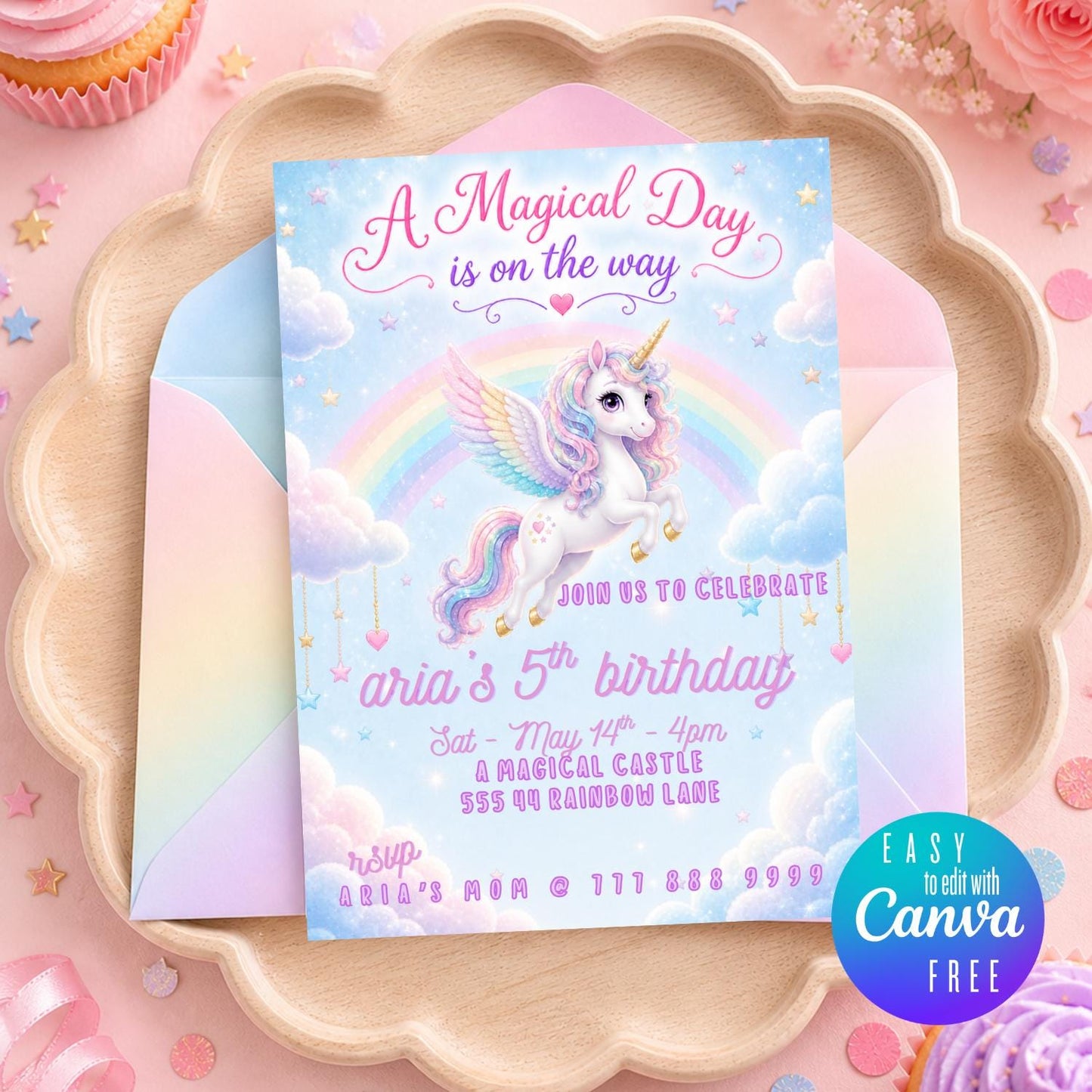Editable Blue Unicorn Birthday Invitation preview 3