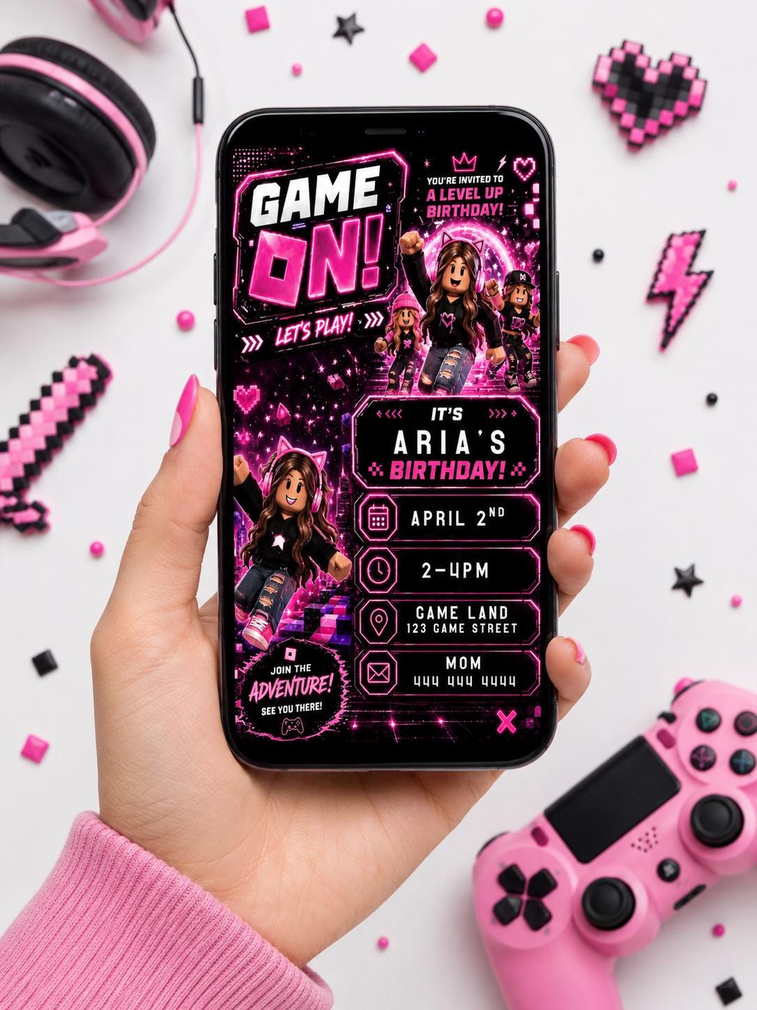 Editable Pink Gamer Girl Birthday Invitation preview 5