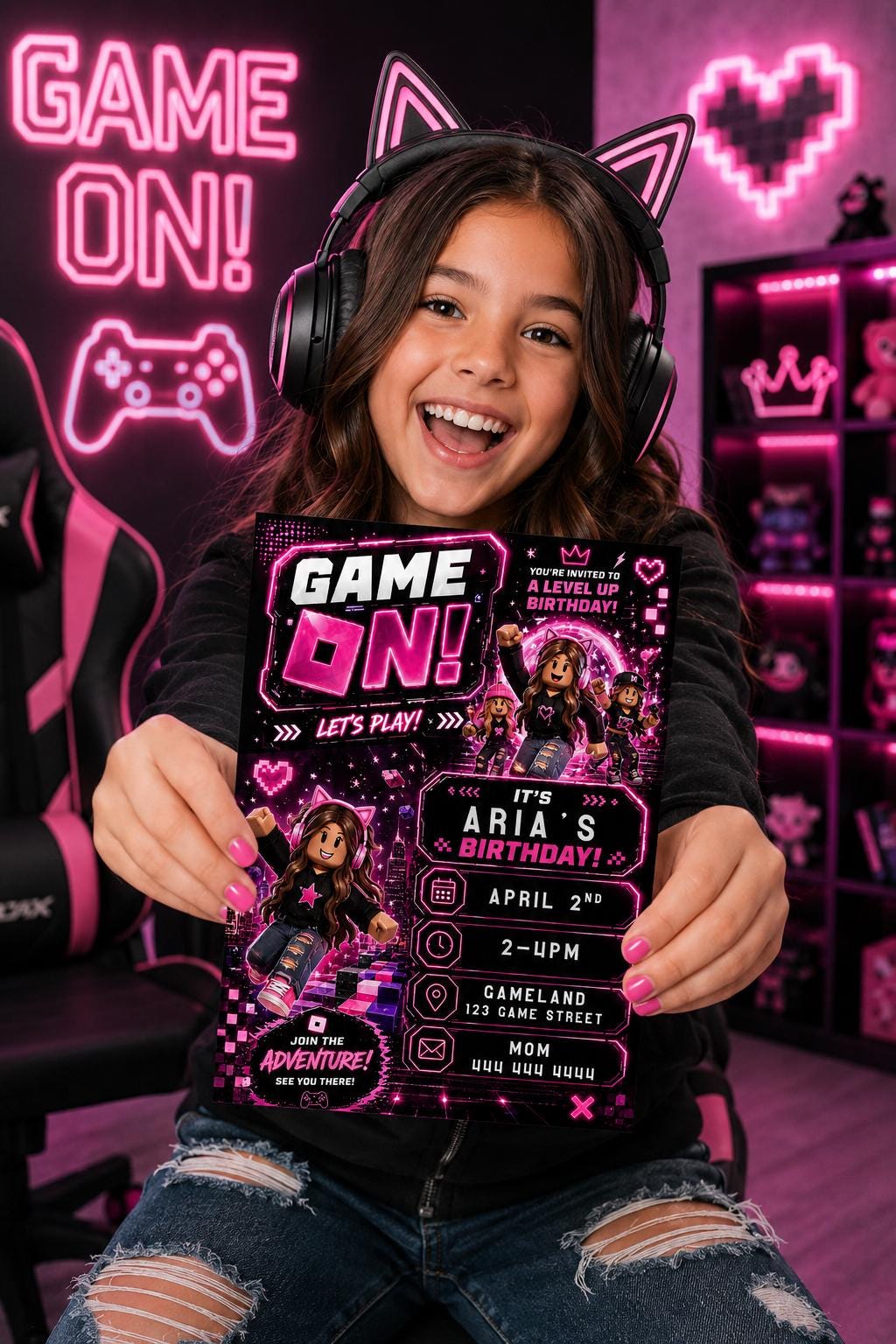 Editable Pink Gamer Girl Birthday Invitation preview 4