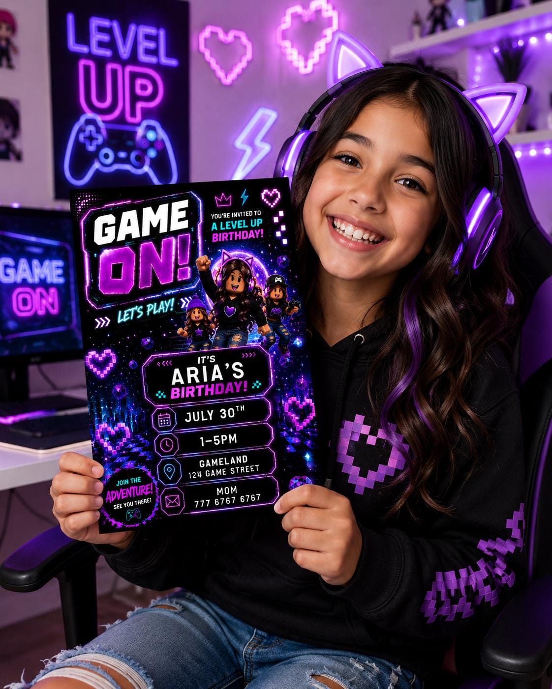 Editable Purple Gamer Girl Birthday Invitation preview 6